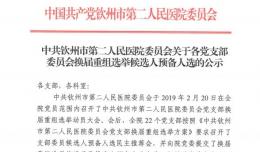 中共欽州市第二人民醫(yī)院委員會關(guān)于各黨支部委員會換屆重組選舉候選人預(yù)備人選的公示